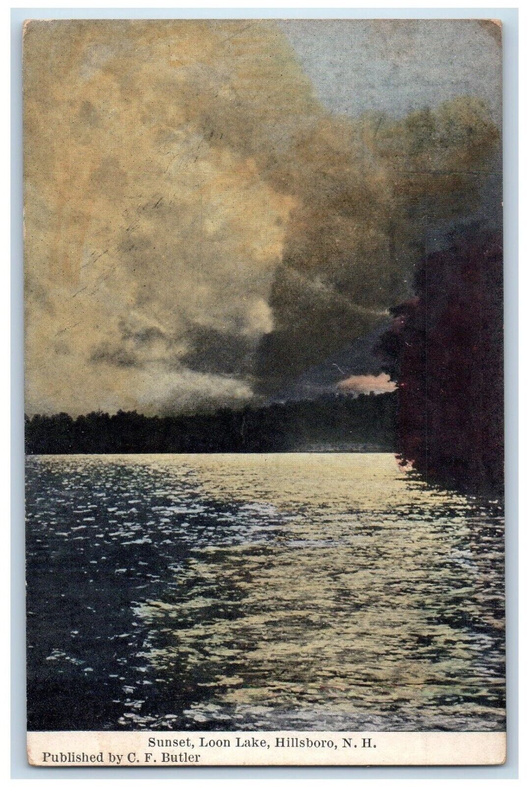 c1910 Sunset Loon Lake Landscape Hillsboro New Hampshire NH Vintage Postcard