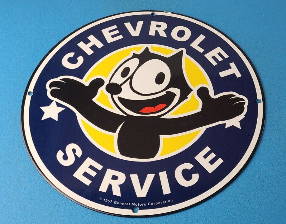 Vintage Chevrolet Porcelain Sign - Chevy Felix The Cat Service Gas Oil Pump Sign