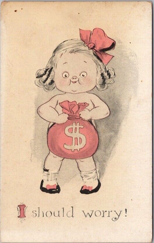 Vintage 1910s Comic Greetings Postcard Girl with Bag of Money 