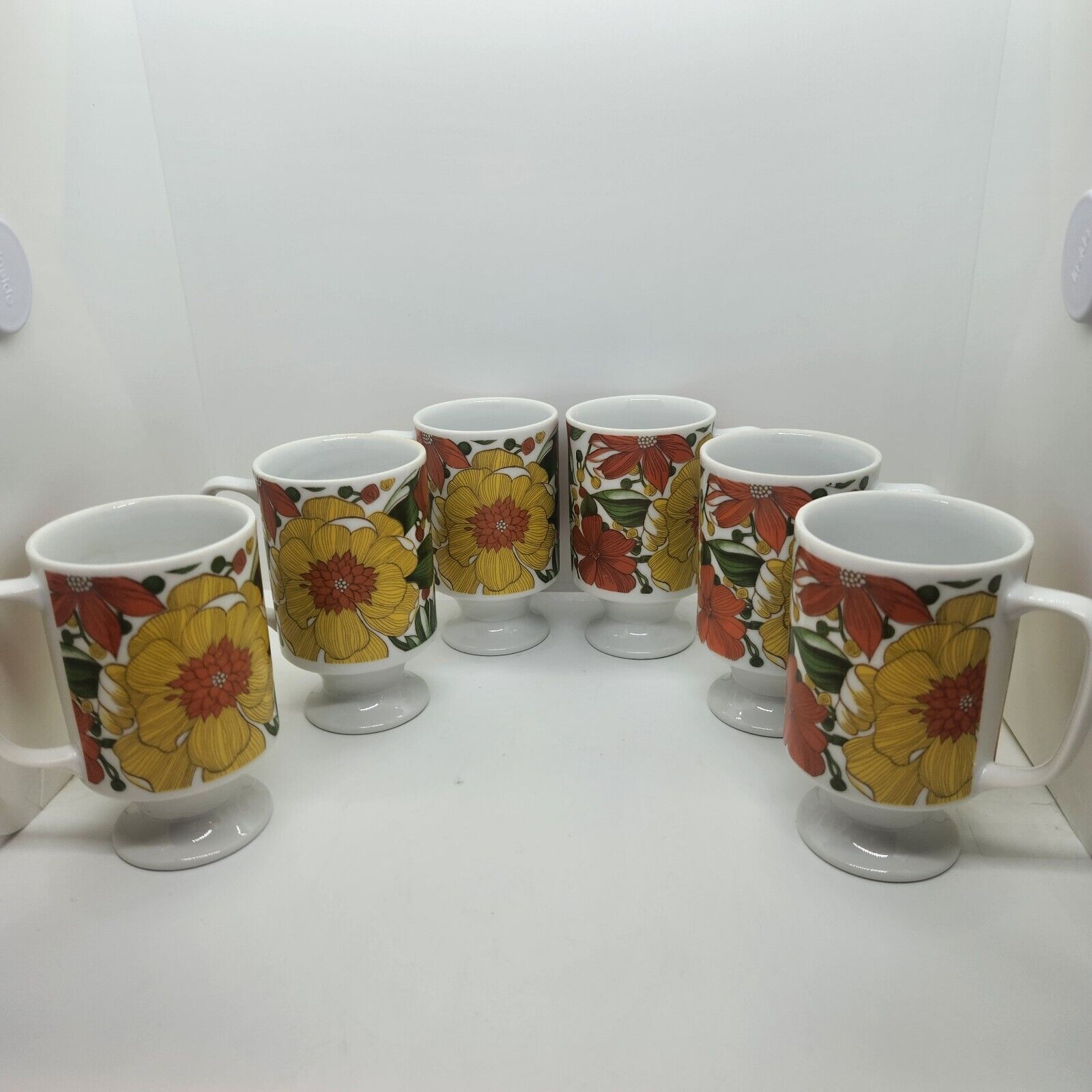 Vintage Footed Coffee Mugs Pedestal Green Yellow & Orange 1970's Flower Set of 6