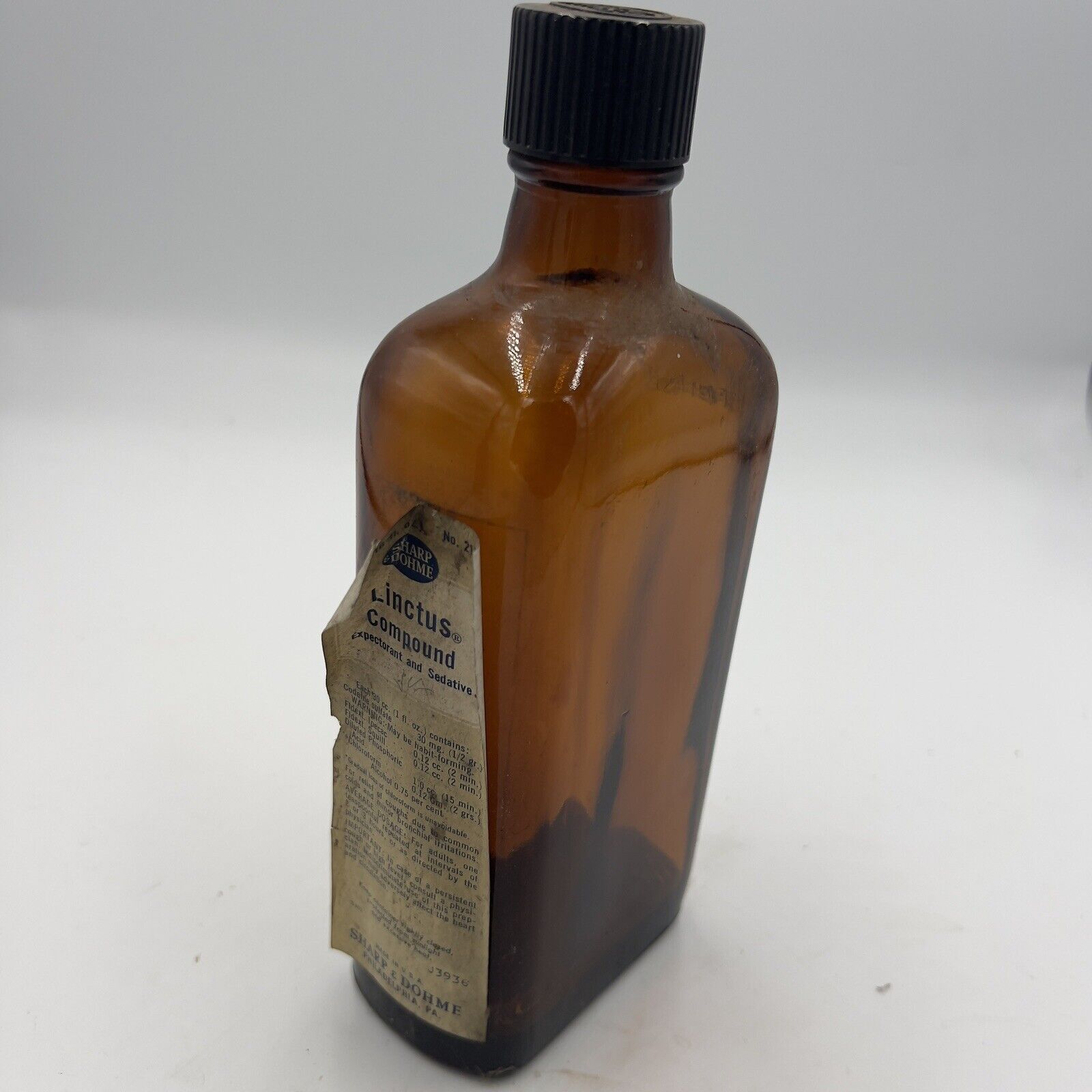 Rare Vintage Linctus Codeine Bottle Sharpe Dohme  16oz Amber SPASAVER 1930's
