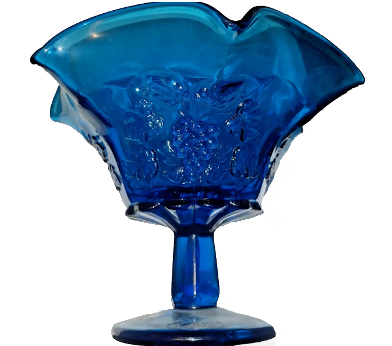 Vintage Blue Pressed Glass Footed Bowl Compote Candy Dish Ruffled Edge