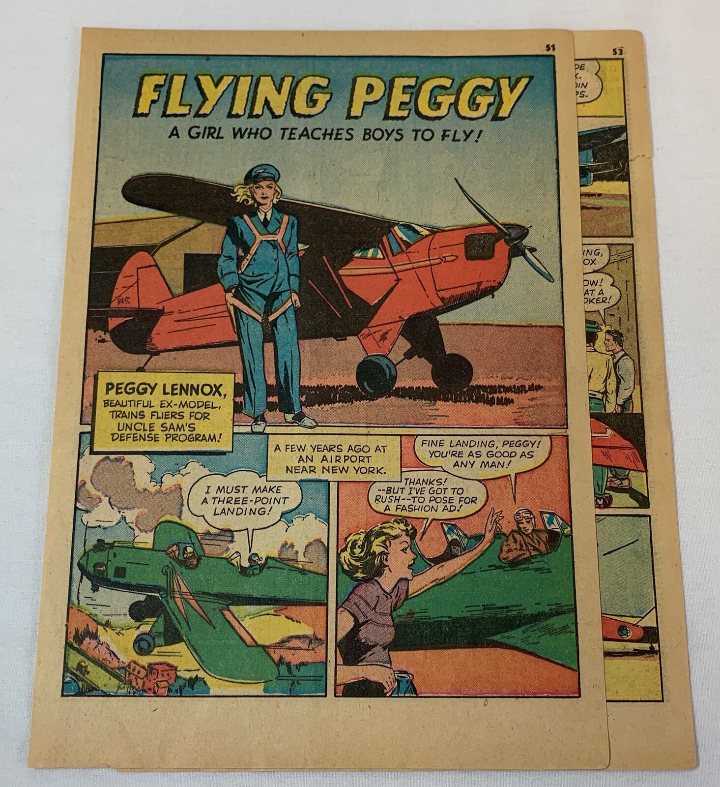 1942 four page cartoon story~ PEGGY LENNOX American aviatrix, Army Air Corps