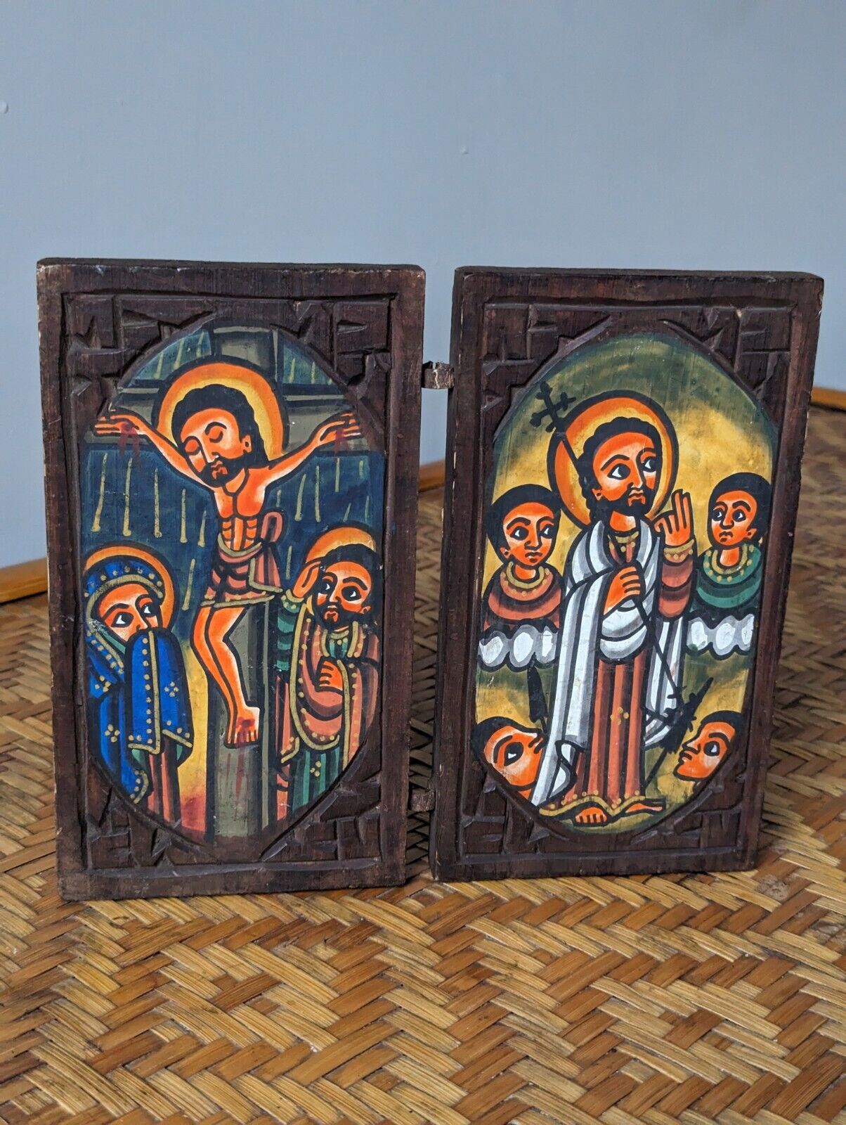 Antique Ethiopian Icon Painted On Wood Orthodox Altar  Crucifixion Home Decor Ar