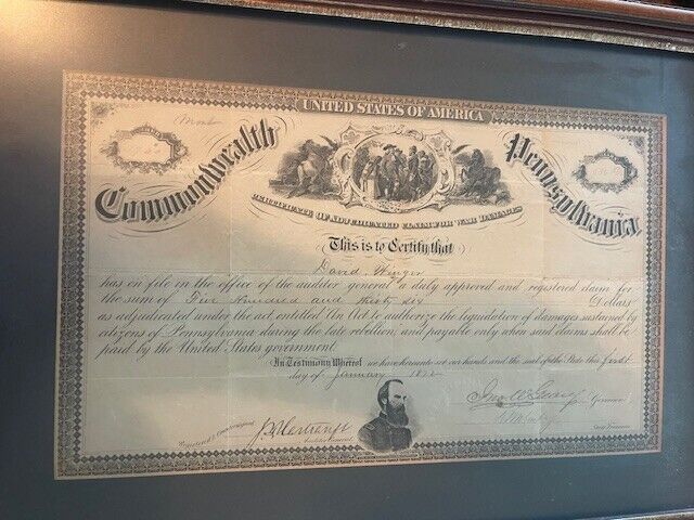 CERTIFICATE OF ADJUDICATED CLAIM FOR WAR DAMAGES Commonwealth of PA CIVIL WAR