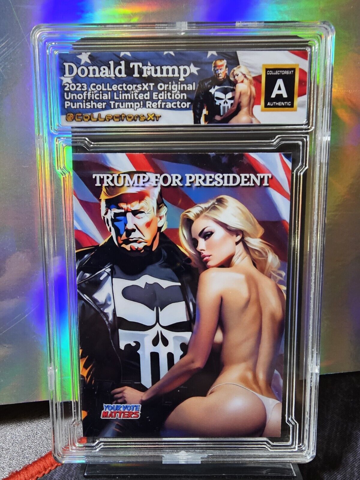 President Donald J. Punisher Trump USA Red White Blue Atomic Refractor Card