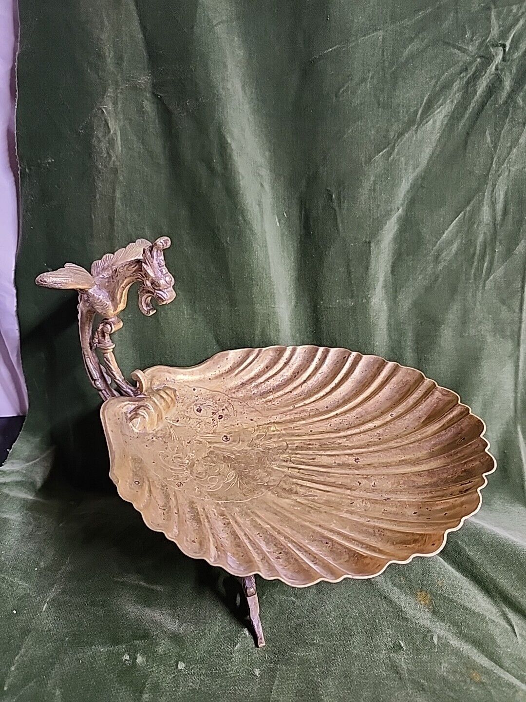 Antique Footed Brass Ornate Dragon Shell Candle Dish Catch All 1890s? 