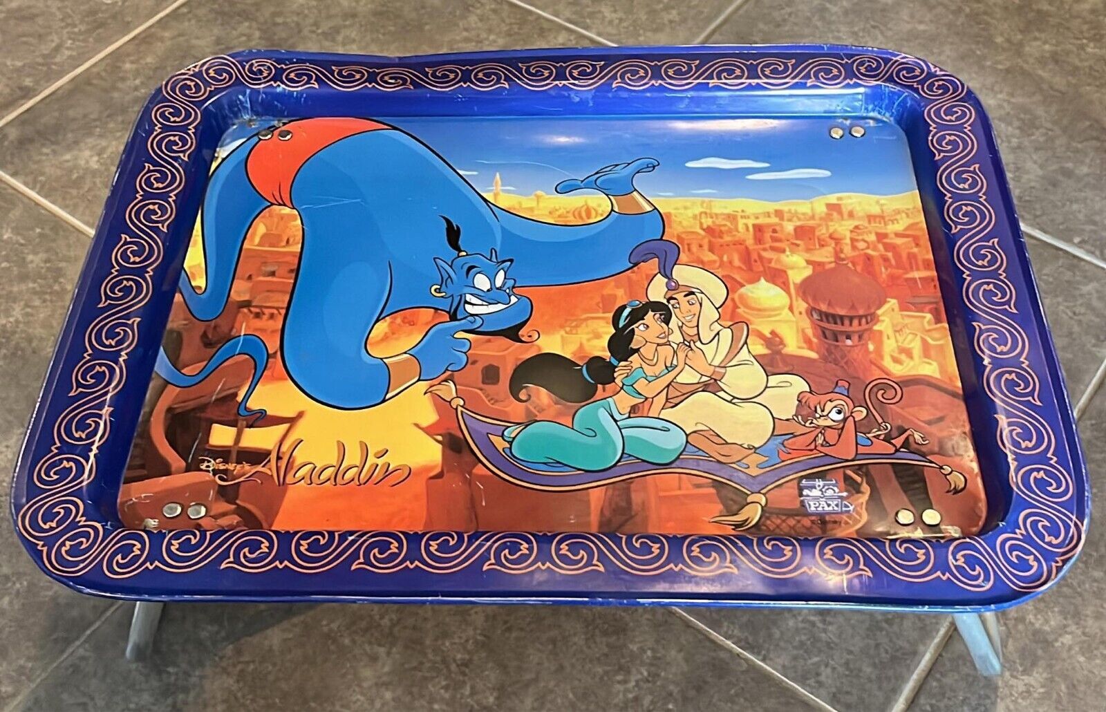 Vintage Walt Disney Metal Dinner Serving Lap Tray With Stand Aladdin Jasmine