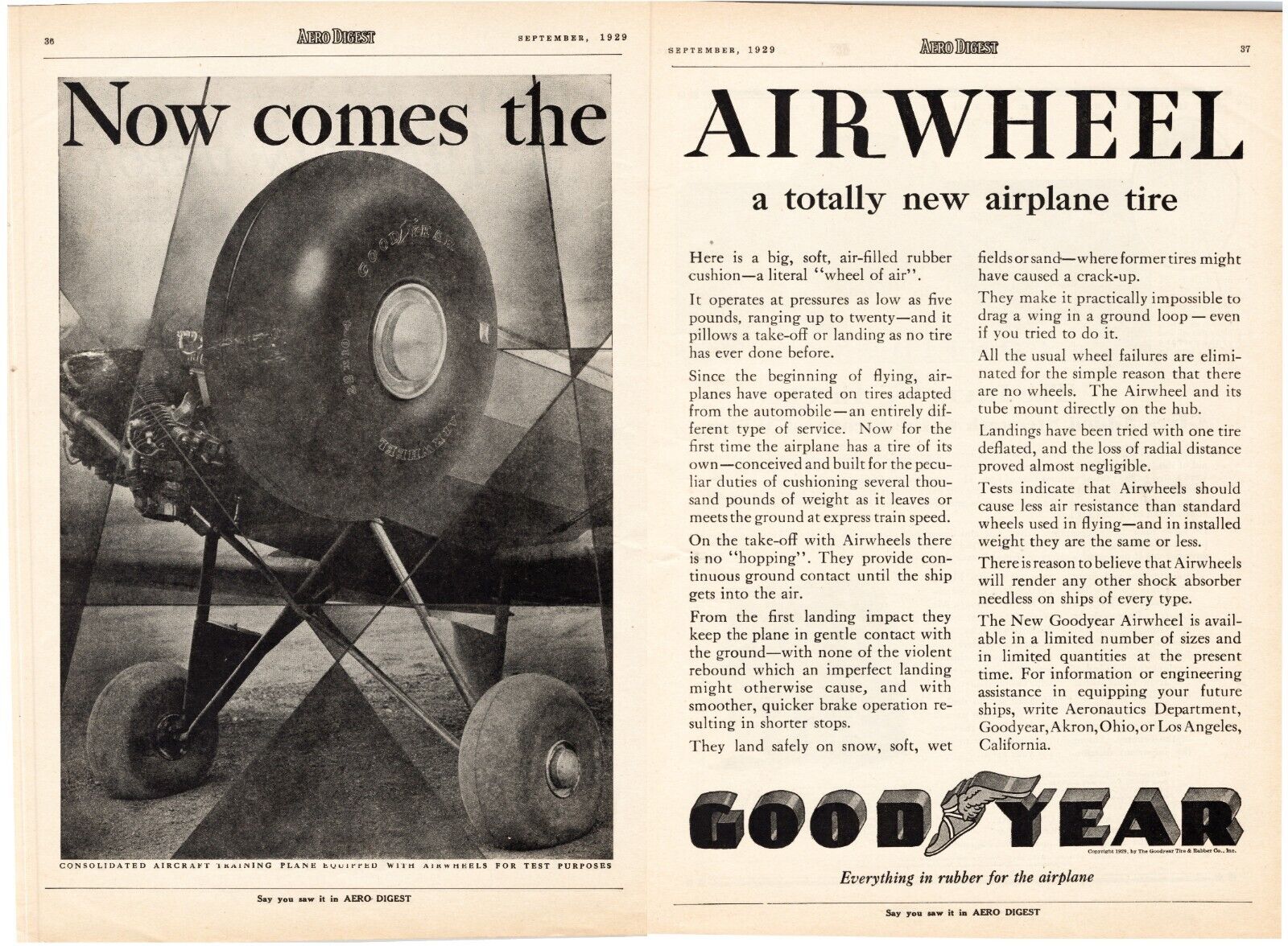 RARE 1929 Goodyear AirWheel Tire Print Ad - New Airplane Tire - 2 page ad