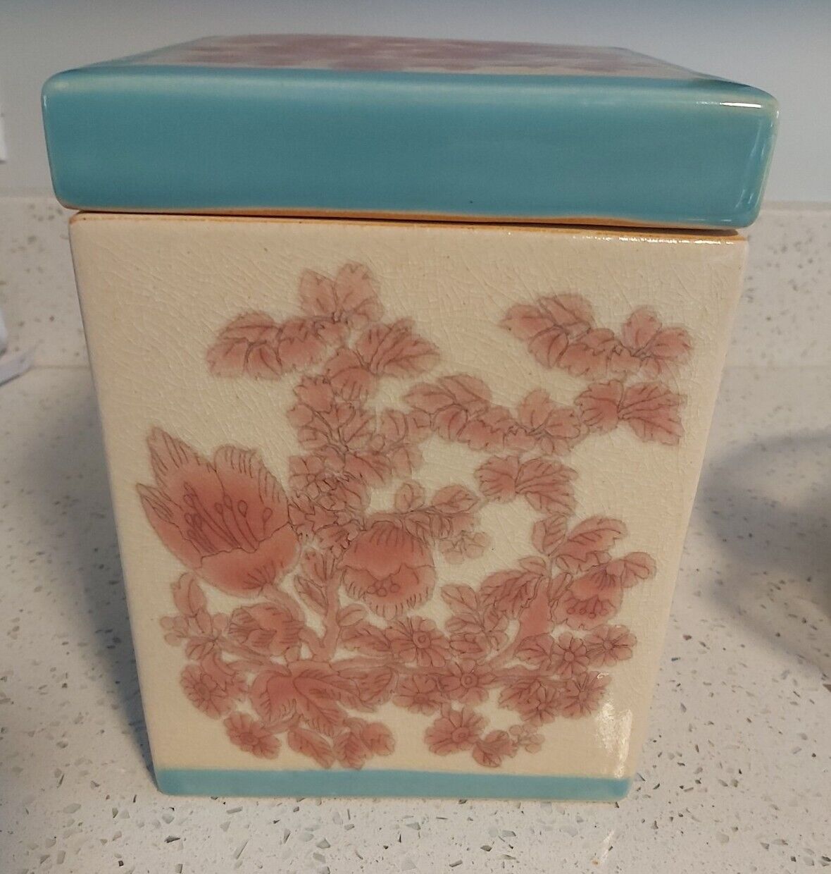 Pier 1 Canister Storage Square Ceramic Pink Floral Turquoise Kitchen Bathroom
