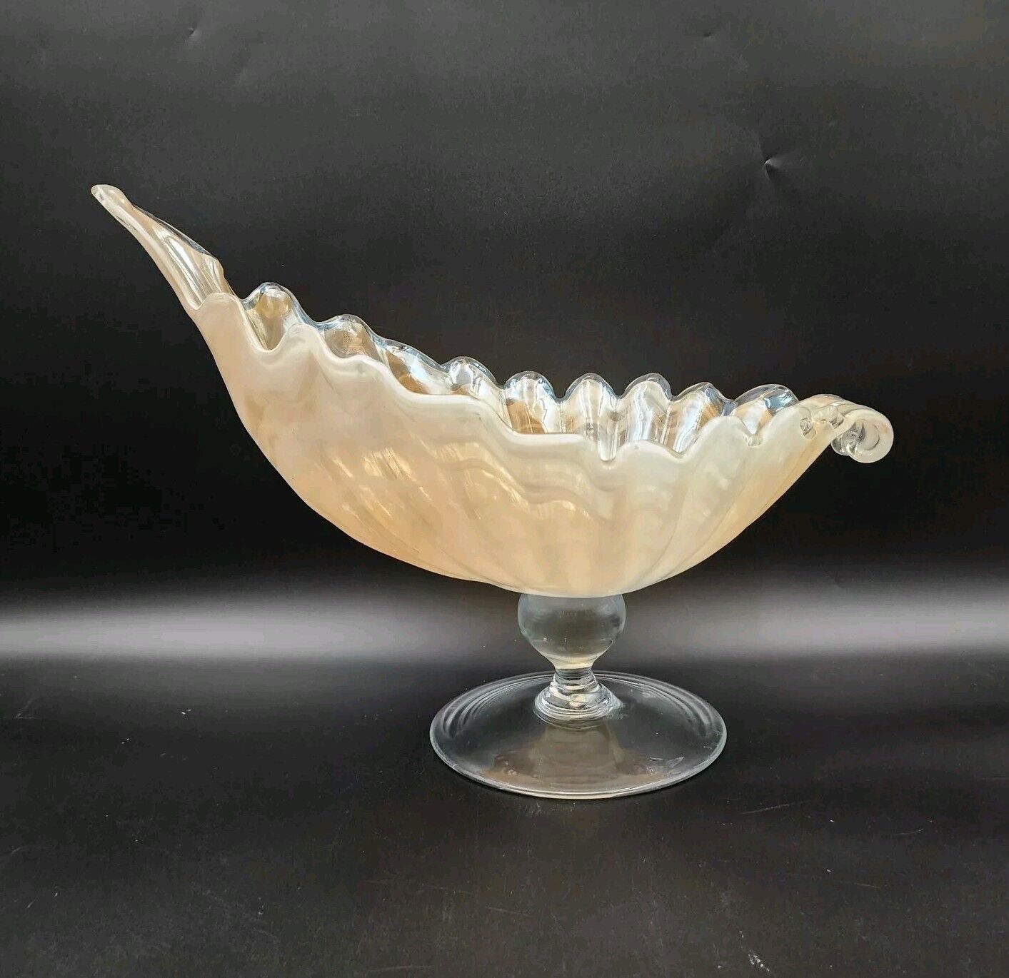 Vintage Lavorazione Arte Murano Bowl Shell Hand Blown Pedestal Cream Iridescent