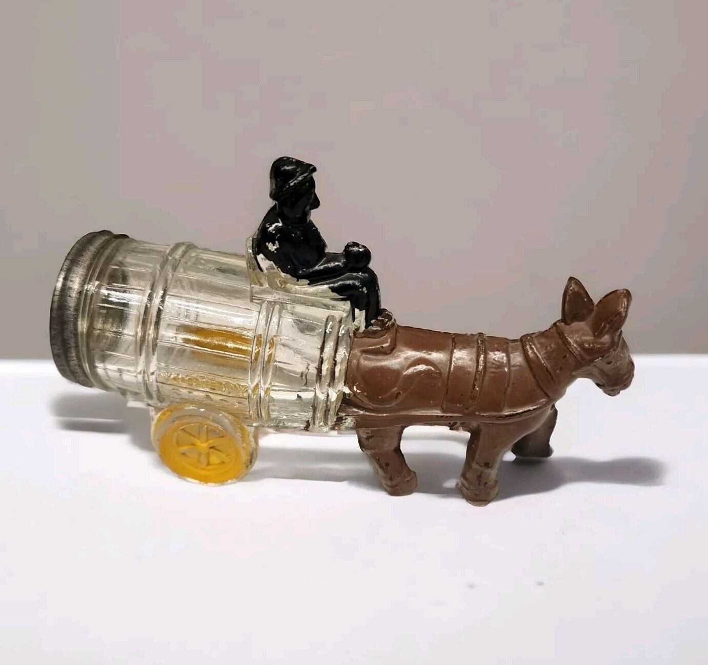 VTG 1930s Avar Glass Candy Container/toy. Man on Wagon Pulled By Donkey/Mule