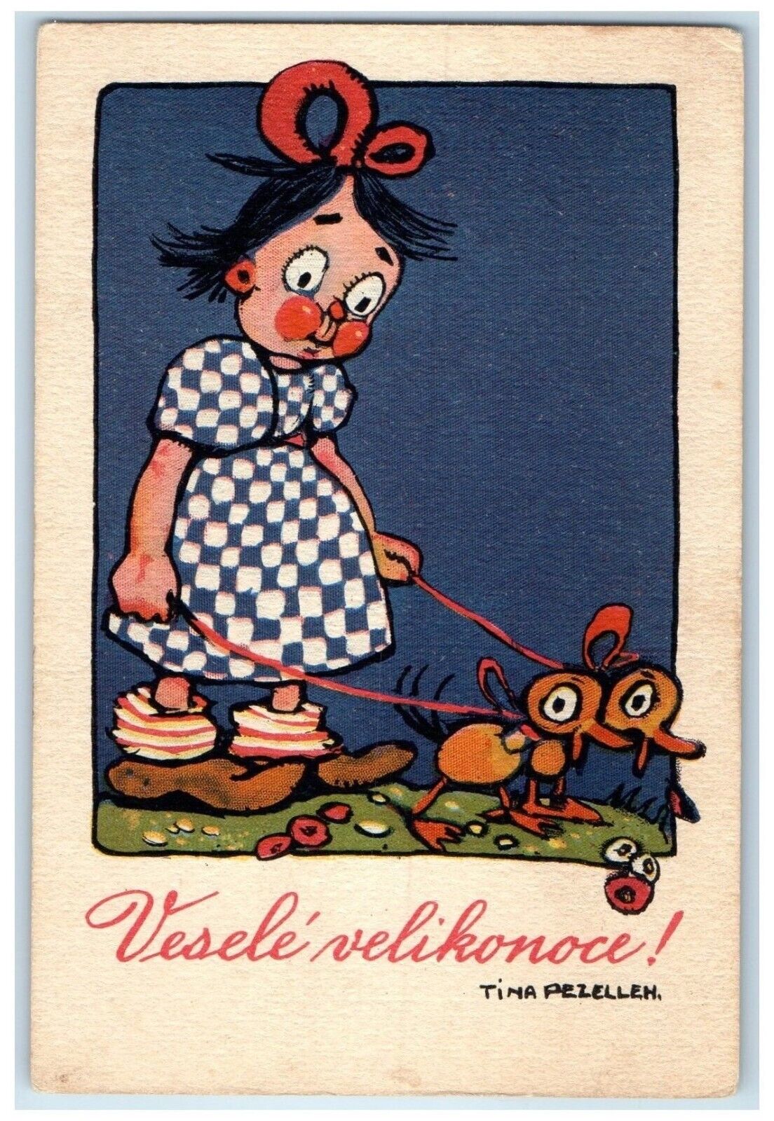 c1910\'s Easter Czech Ugly Girl With Ducks Unposted Antique Postcard