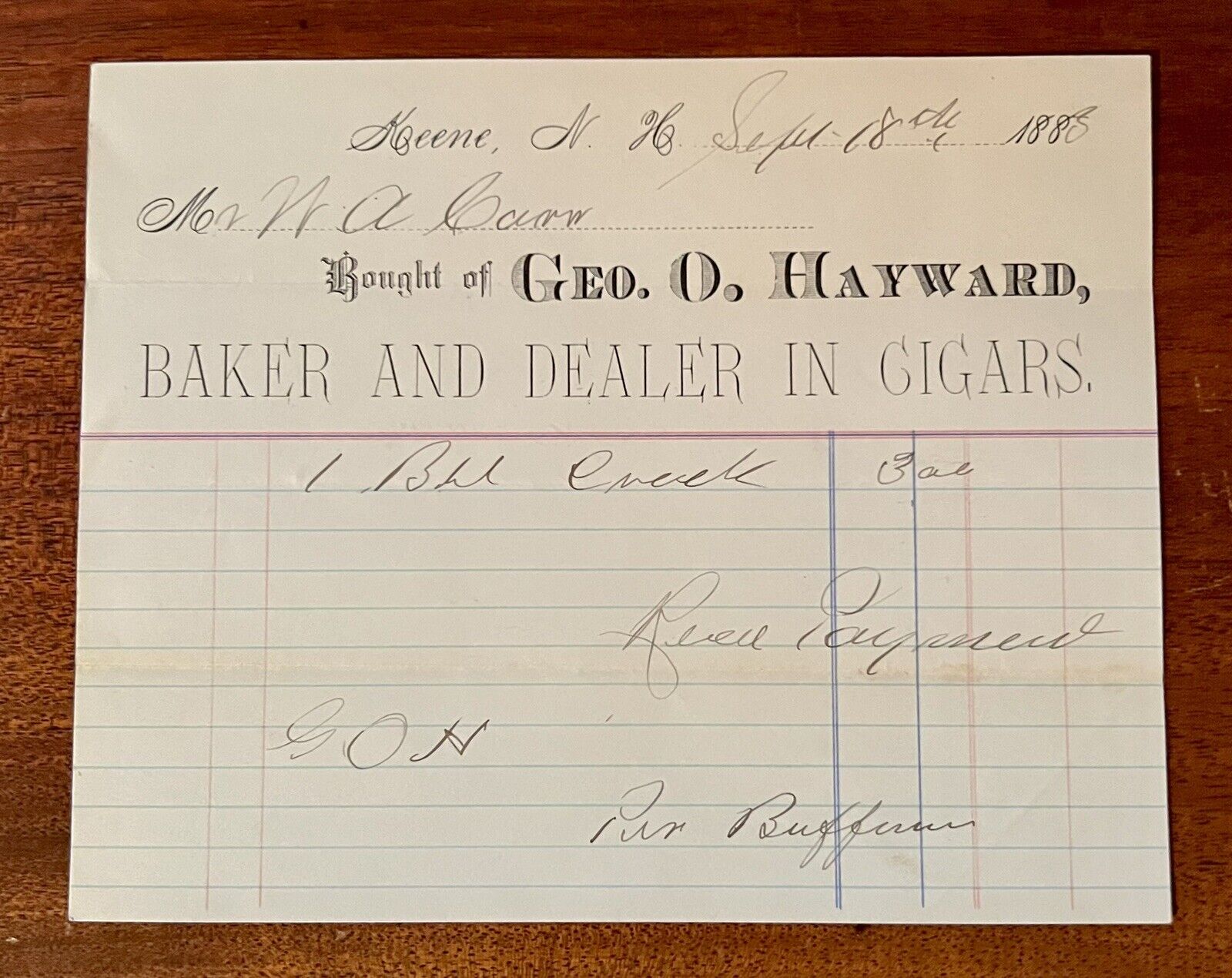 ATQ 1883 Billhead Geo O Hayward Baker & Dealer in Cigars Keene NH