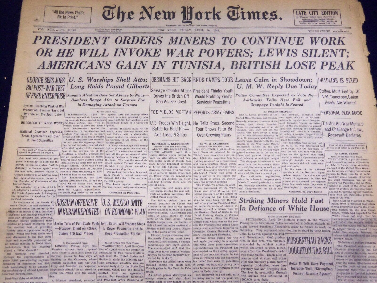 1943 APRIL 30 NEW YORK TIMES - PRESIDENT ORDERS MINERS TO CONTINUE WORK- NT 1750