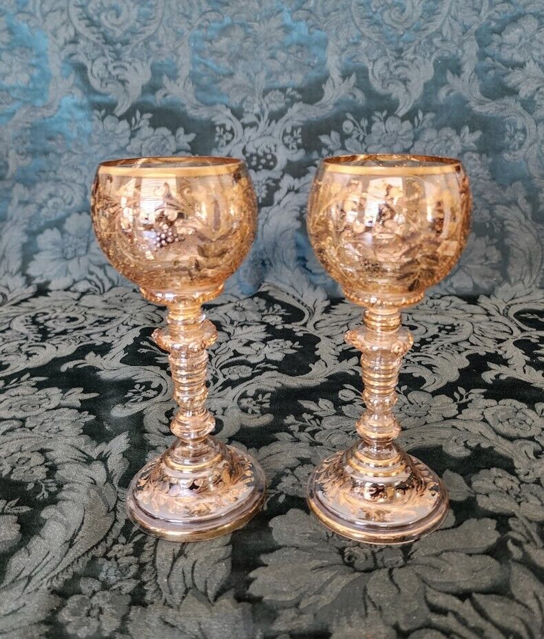 MOSER Rare Unique 1870's Wine Glasses  Gold and Platinum Gilded Beautiful Pair