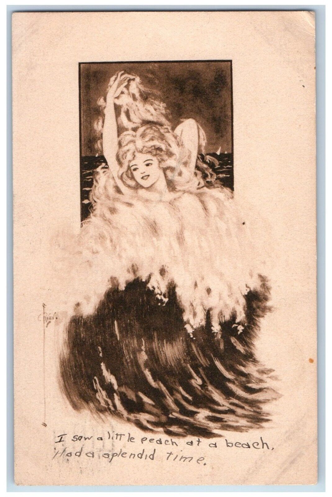 Lawrence Kansas KS Postcard Fantasy Surreal Pretty Woman At The Beach 1909