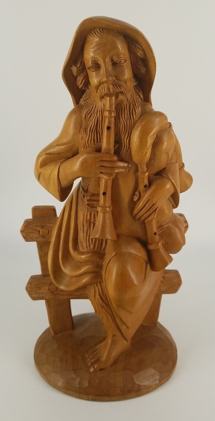 Vintage Hand Carved Man Playing Bagpipes On Fence 12.5 Inch South American