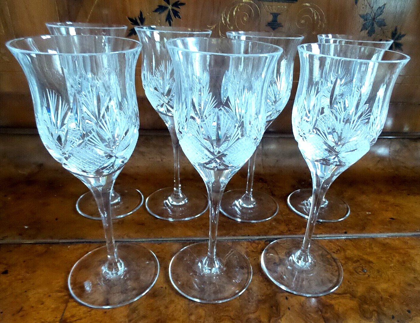 SEVEN BOHEMIAN CRYSTAL CLEAR ETCHED DESIGN WINE HOCKS 8\'\'HIGH