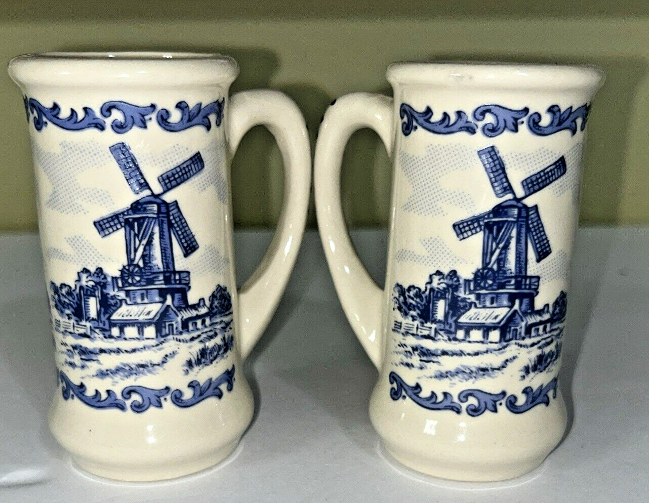 2 Vintage Handpainted Blue Delft Mini Beer Stein/Mug Windmill Dutch-Holland