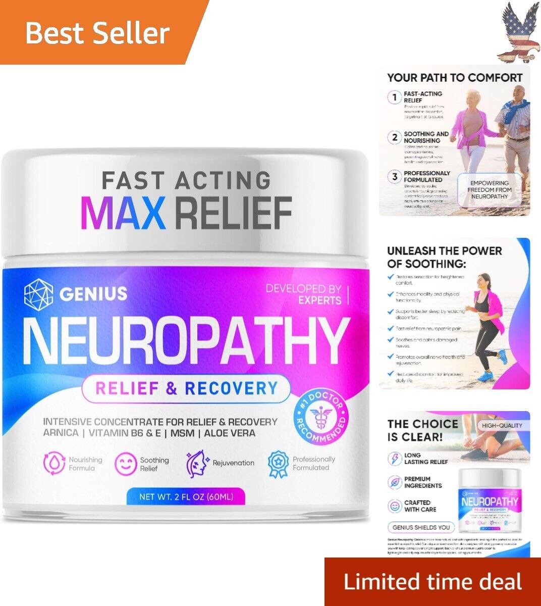 Neuropathy Nerve Relief Cream - Arnica, Vitamin B6, Menthol - Soothing - 2 fl oz