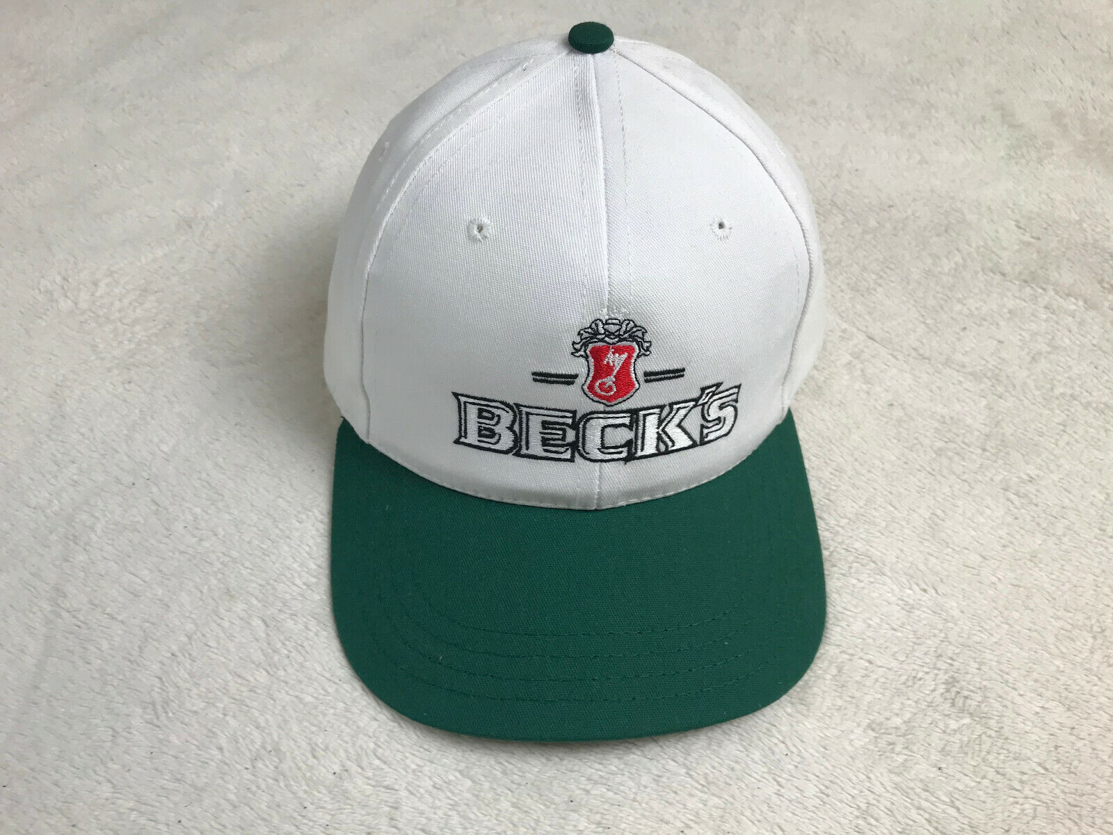 Becks Beer Embroidered Baseball Golf Hat White Green Adjustable NEW