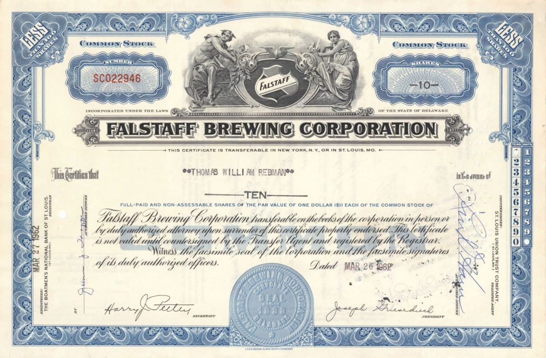 Falstaff Brewing Corp. - 1962-1970 dated Brewery Stock Certificate - Important S