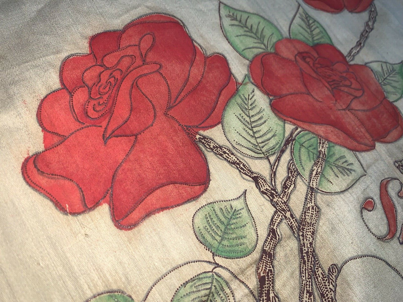 Antique c1900 Hand Painted Linen Embroidery Canvas Red Rose Never Forget.. 22x23