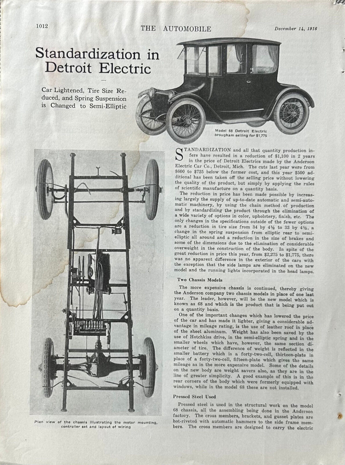 1916 Report Anderson Electric Car Co New Detroit Electric Model 65 Price, Specs