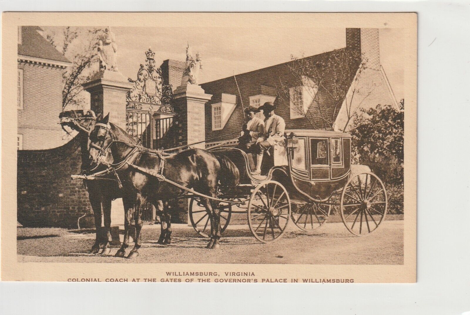 Vintage Postcard Williamsburg Virginia Colonial Coach at the Governor\'s Palace