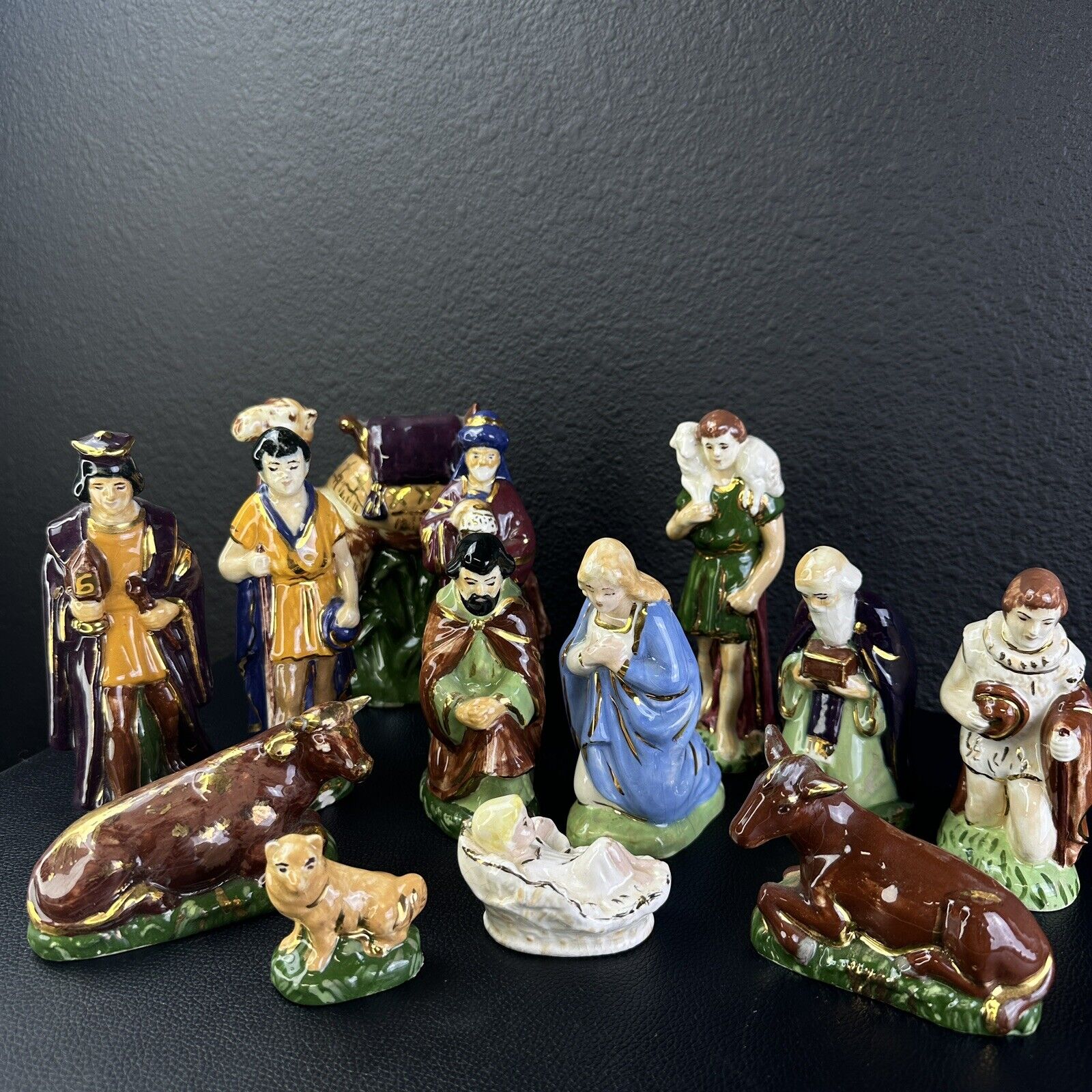Antique Nativity 13 Piece Hand Painted C1900