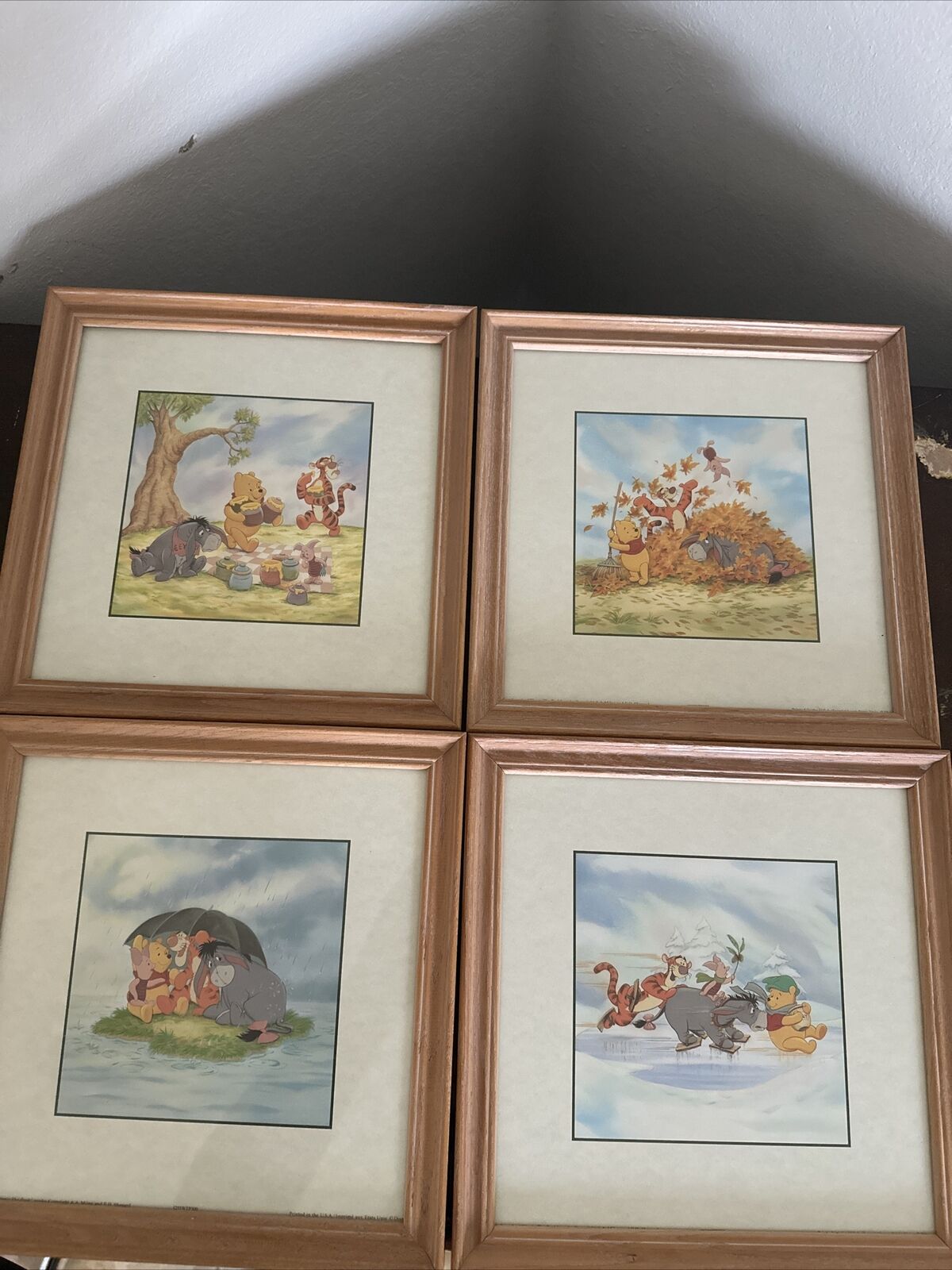 Lot of 4 Winnie the Pooh Seasons Framed Matted Art Prints 10” Disney Classic