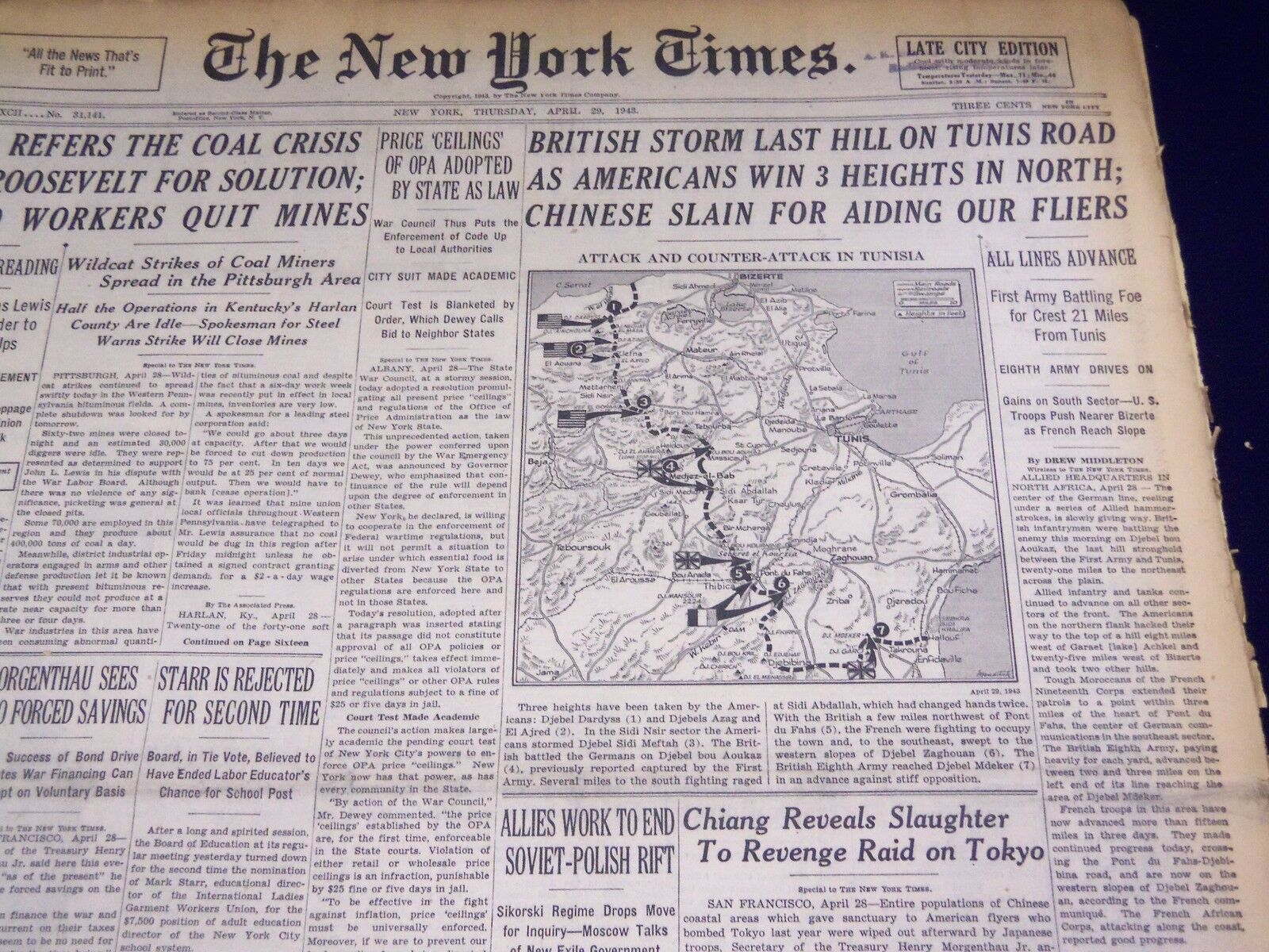 1943 APRIL 29 NEW YORK TIMES - BRITISH STORM LAST HILL ON TUNIS ROAD - NT 1751