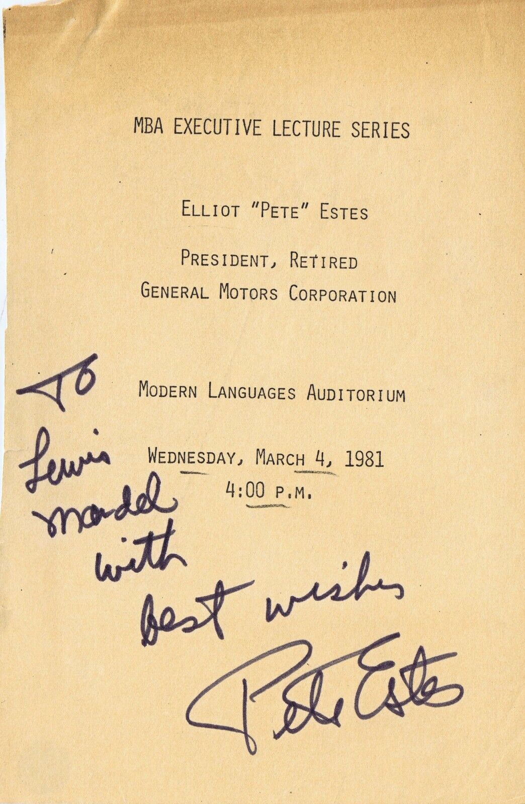 15th President of GM Pete Estes Signed Vintage 1981 Lecture Announcement