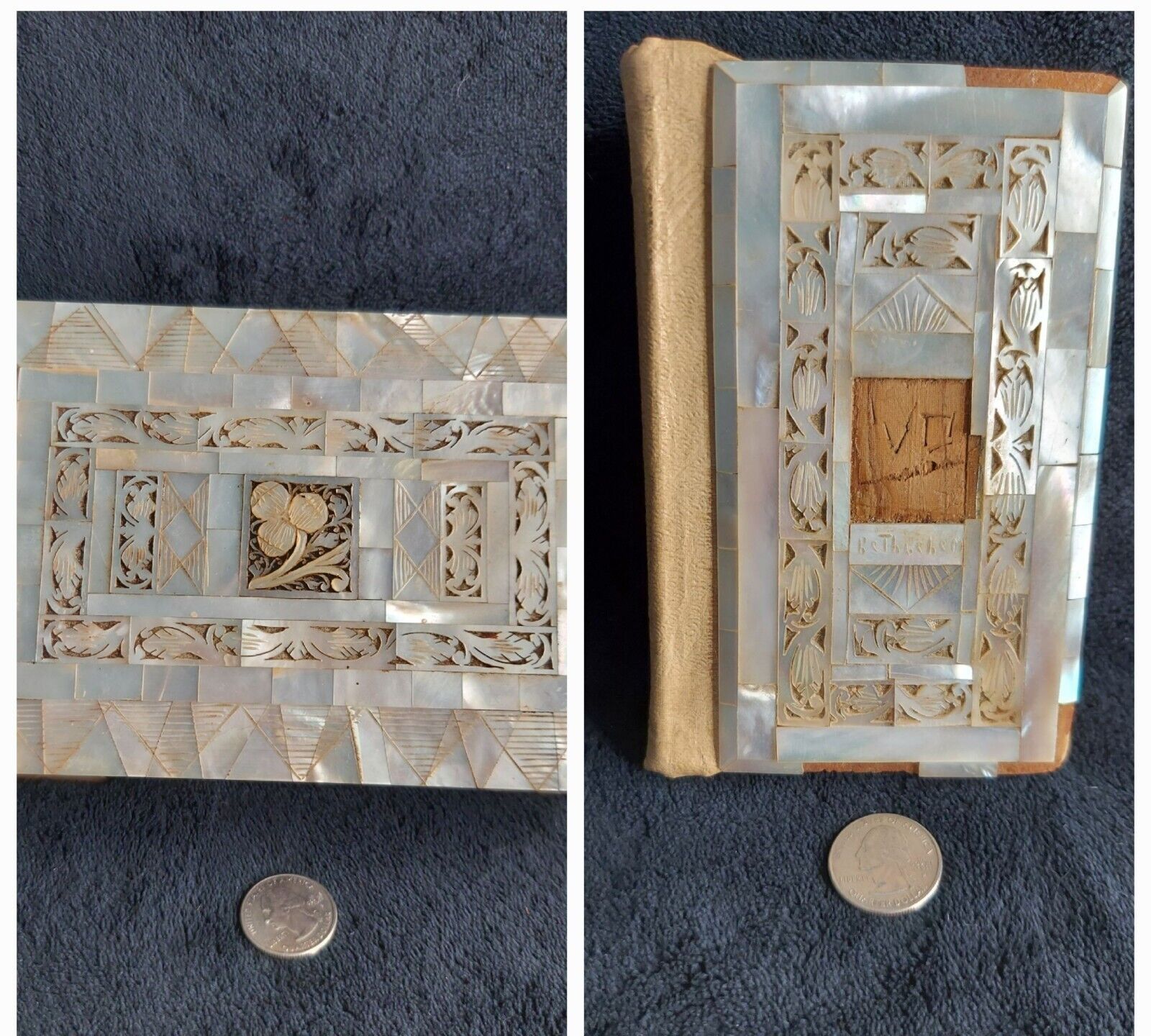 Vtg 1958 King James Bible & Box w Mother Of Pearl Mosaic Tiles for Repurposing