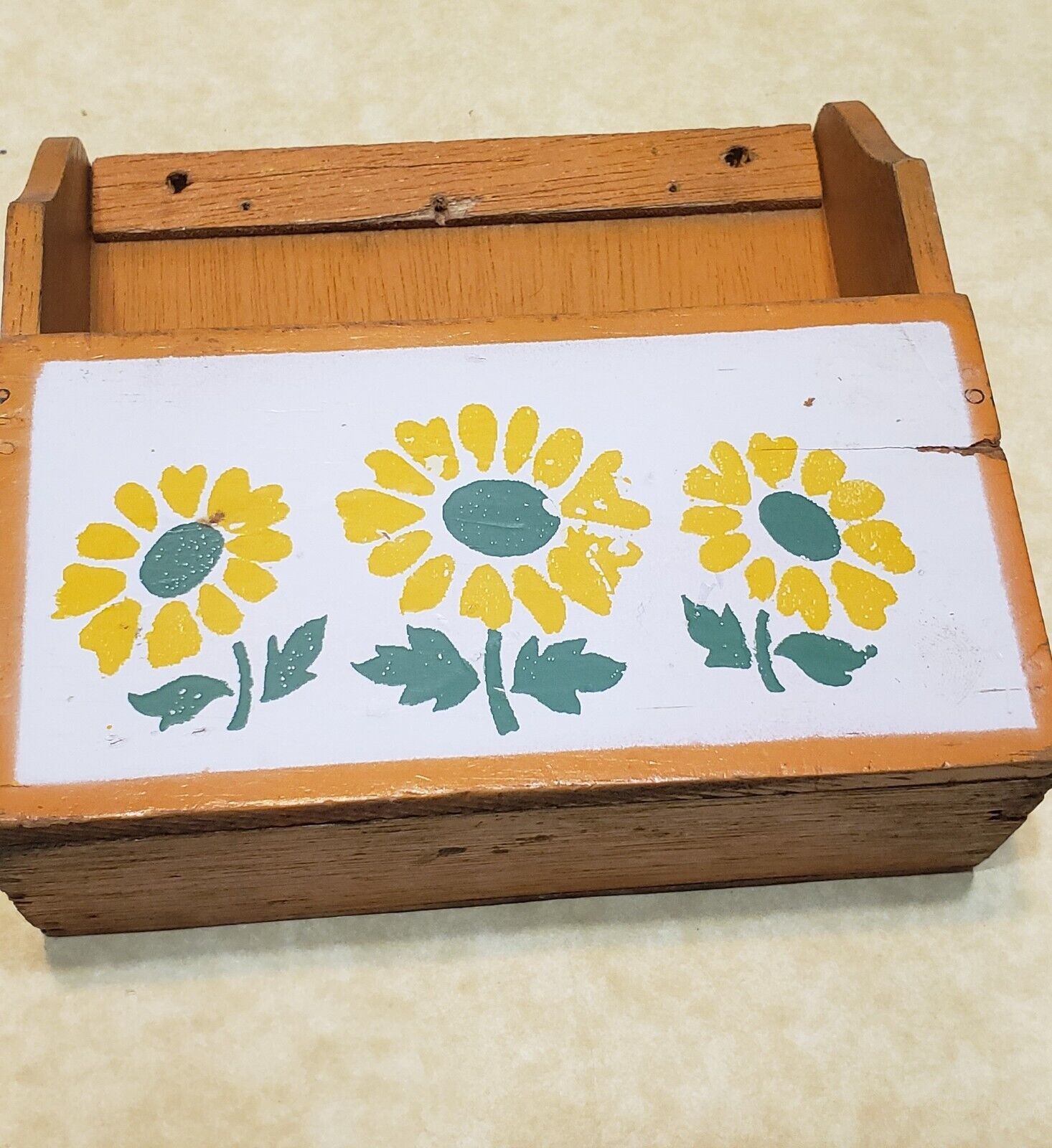 Vintage Wooden Box Wood Wall Hanging Yellow Flowers Hippy Shabby Art 5.5\