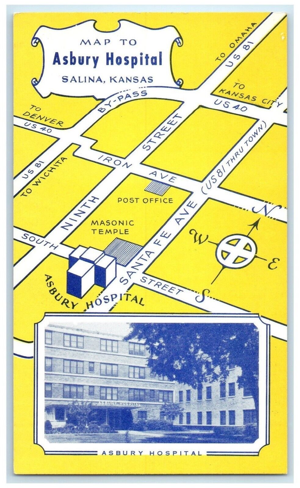 c1950's Map To Asbury Hospital Building Map Salina Kansas KS Vintage Postcard