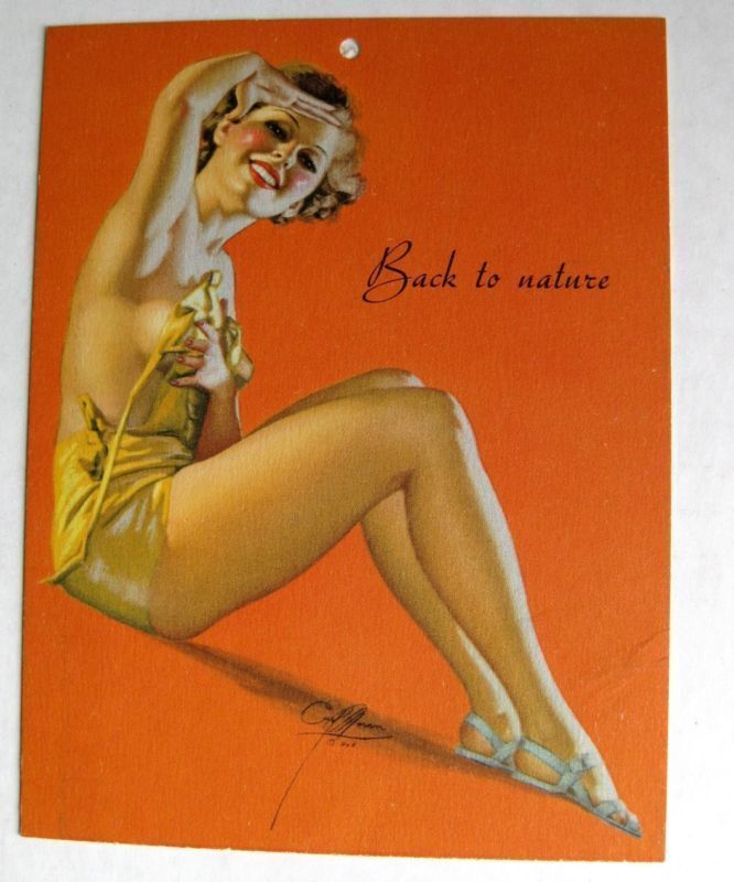 1940s Earl Moran Pinup Girl Picture Blond Holding Shirt Up Back to Nature