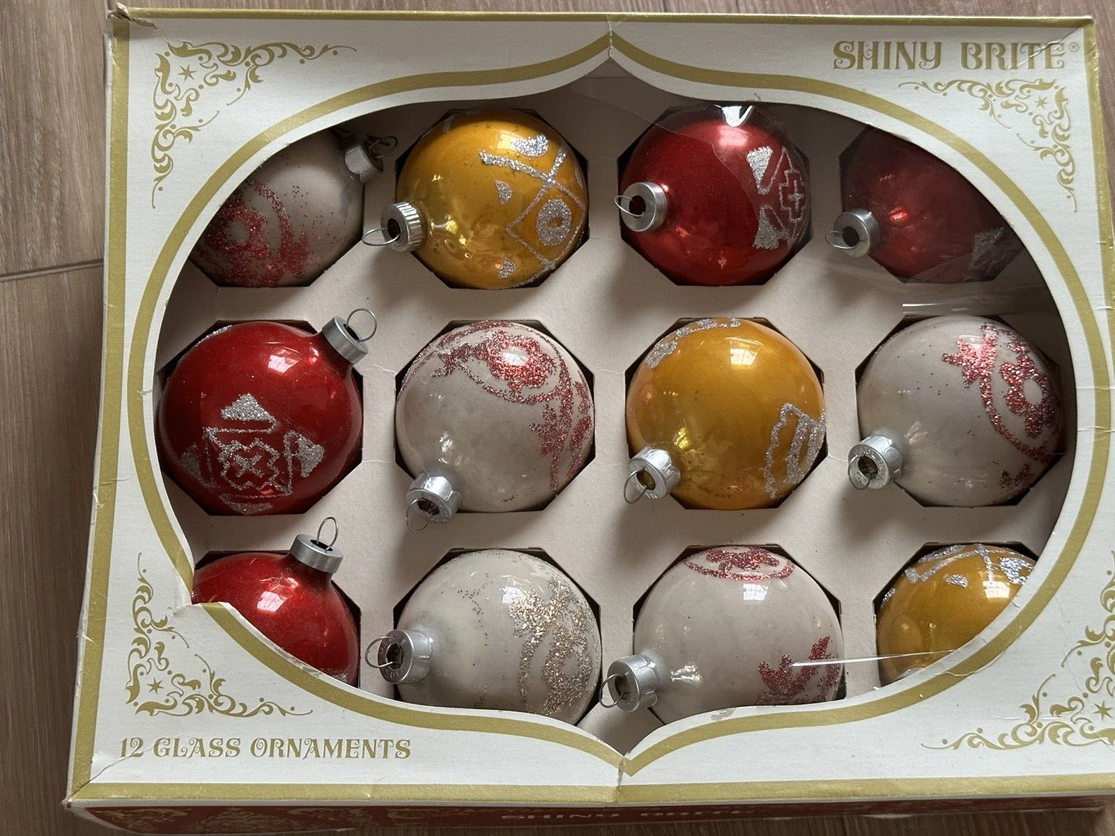 Vintage 1960's Box Shiny Brite Christmas Ornaments Rounds Glitter Paint Decor