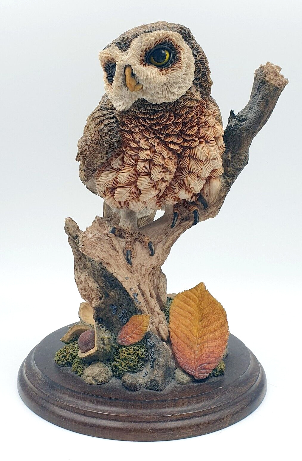 Country artists owl on tree stump with autumn scene- Hand crafted & painted