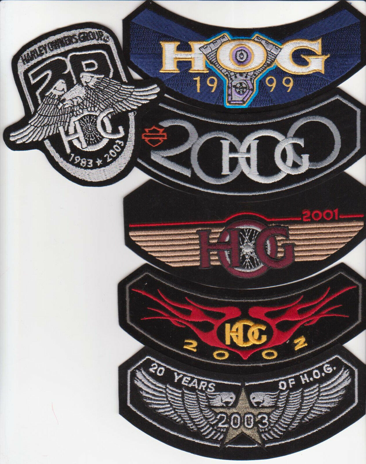 HOG 1999, 2000, 2001, 2002, 2003 & 20th Anniversary patches HARLEY OWNERS GROUP