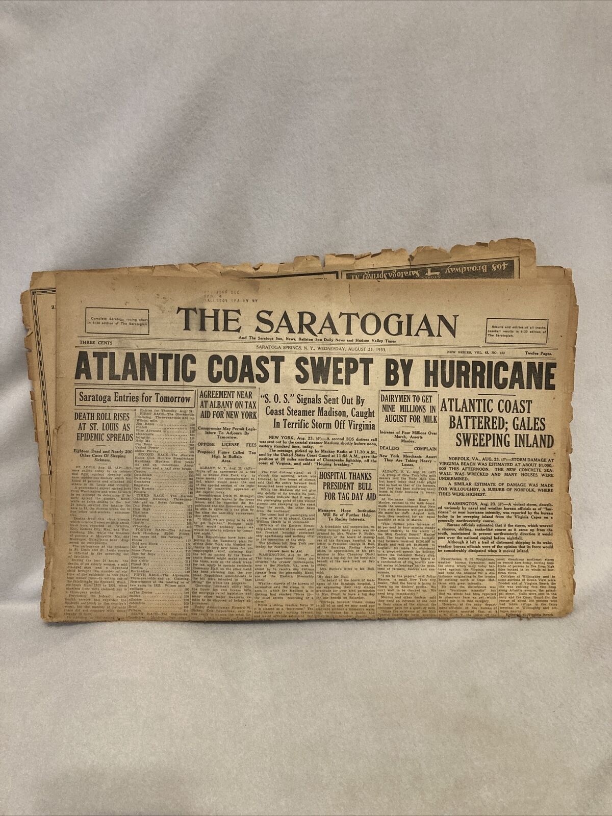 August 23,1933 The Saratogian Newspaper “Atlantic Coast Hurricane” *RARE*