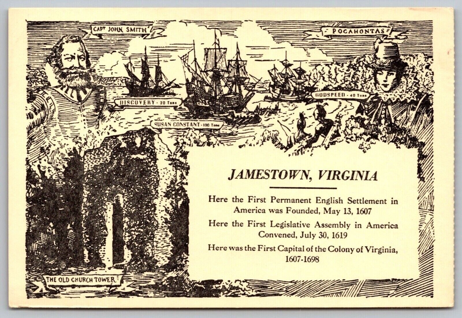 Virginia Jamestown First Permanent English Settlement Pocahontas VTG Postcard