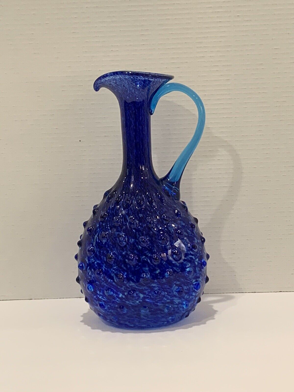 Vintage Murano Italian Blue Bubble Glass Pitcher Ewer Vase, 1960s Large Perfect