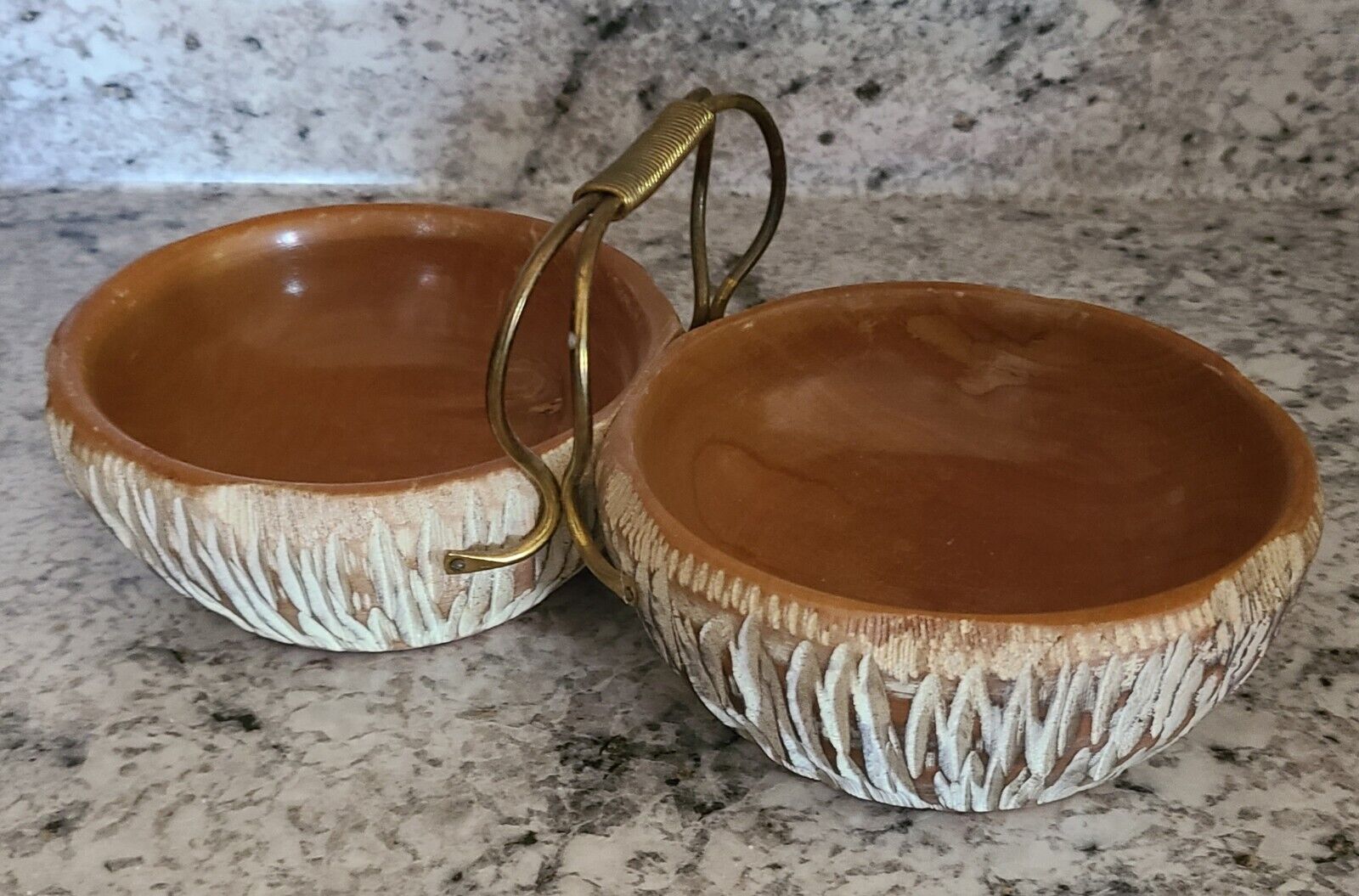 1950’s Aldo Tura Carved Wood Double Service Bowl with Brass Handle 