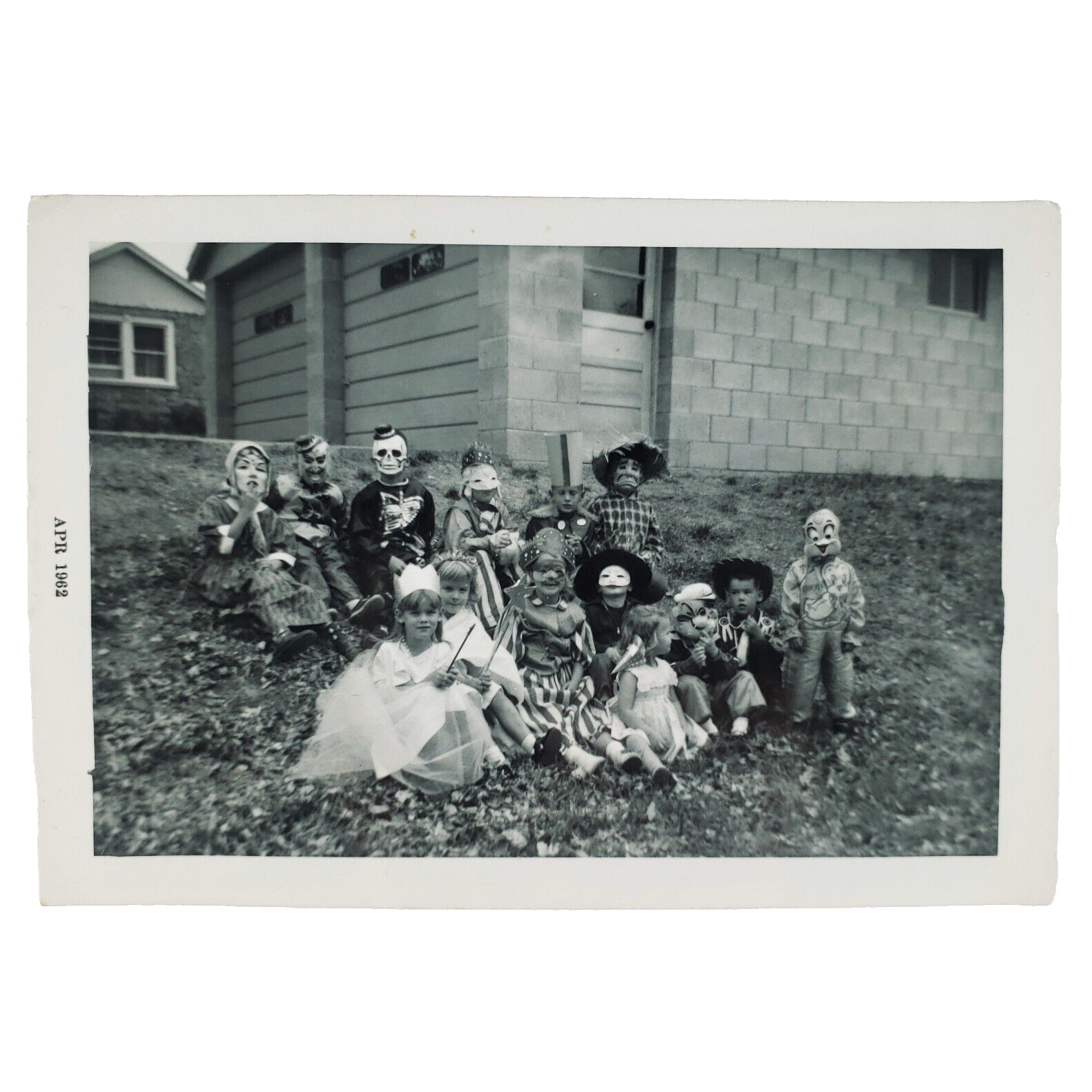 Creepy Masked Halloween Group Photo 1960s Newburgh Indiana Kids Snapshot B3442