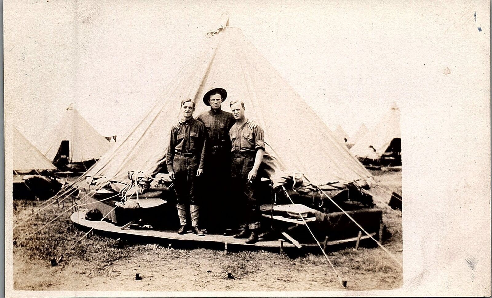 c1918 WWI SOLDIERS IN FRONT OF CONICAL ARMY TENT REAL PHOTO POSTCARD 29-153