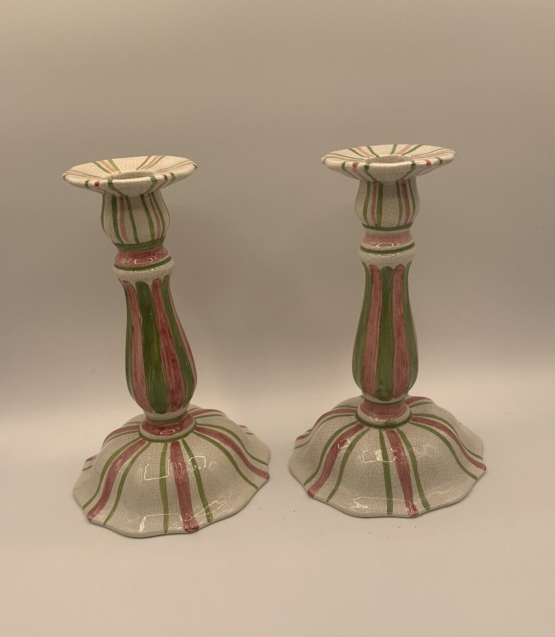 Pair Bassano Italy Pink Green Striped Candlesticks Candle Holders 8 1/2