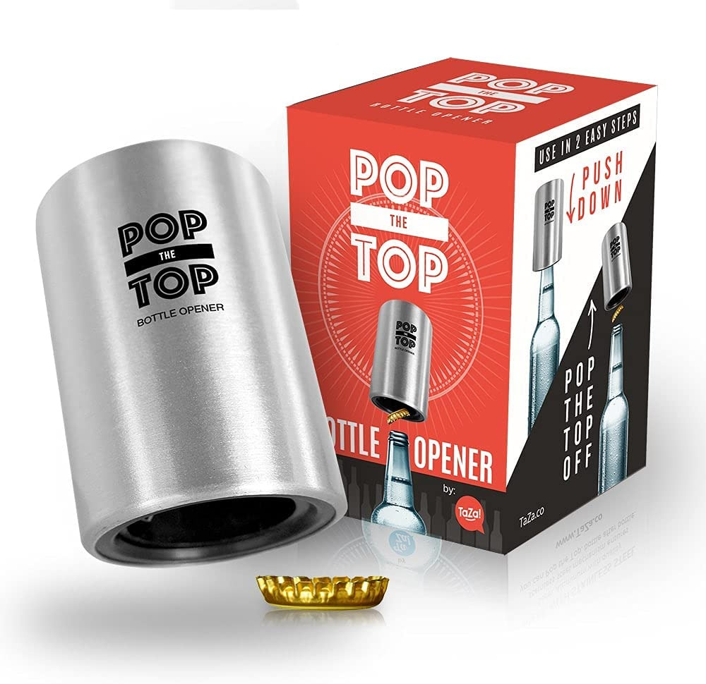Pop-The-Top Beer Bottle Opener (Stainless): Automatic Bottle Cap Opener