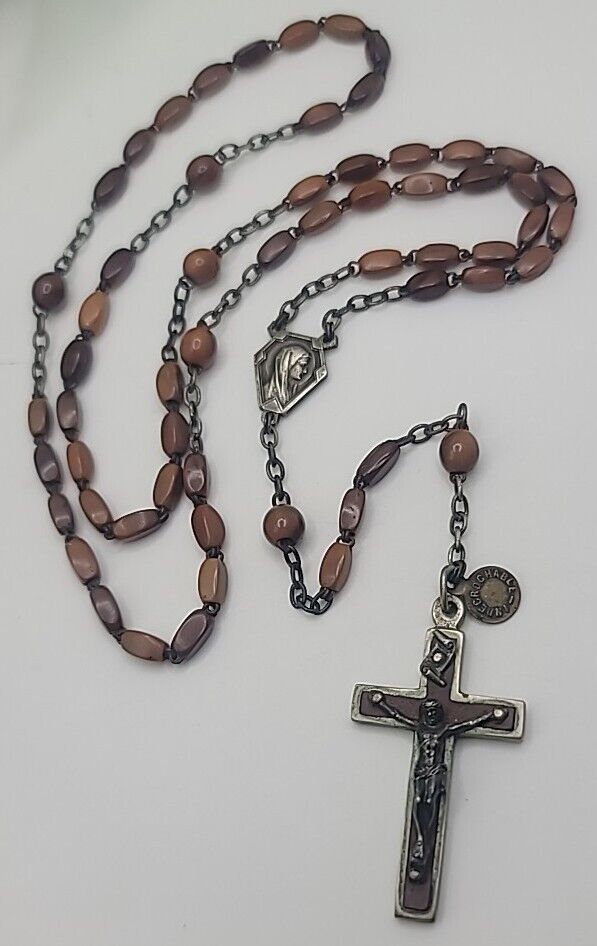 Vintage Carved Coco Wood Rosary Bead Crucifix Necklace